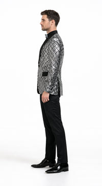 Mens Silver ~ Black 1 Button Peak Lapel Slim Fit Sequin Shiny