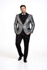 Mens Silver ~ Black 1 Button Peak Lapel Slim Fit Sequin Shiny