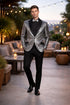 Mens Silver ~ Black 1 Button Peak Lapel Slim Fit Sequin Shiny