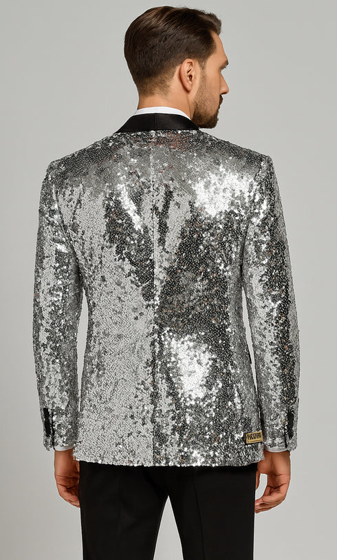 Men’s Silver Sequin Tuxedo Jacket with Black Satin Lapel