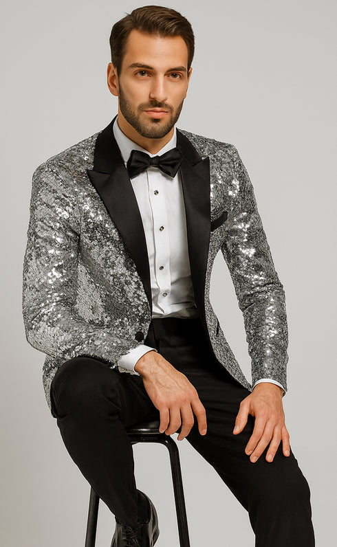 Men’s Silver Sequin Tuxedo Jacket with Black Satin Lapel
