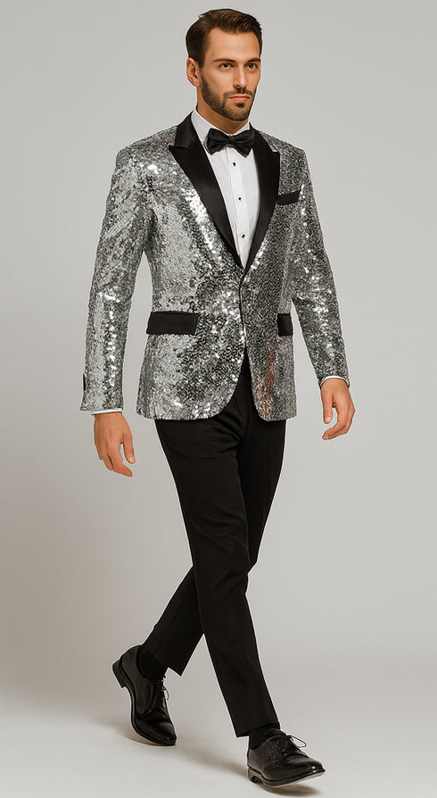 Men’s Silver Sequin Tuxedo Jacket with Black Satin Lapel
