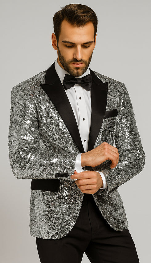 Men’s Silver Sequin Tuxedo Jacket with Black Satin Lapel