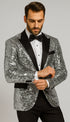 Men’s Silver Sequin Tuxedo Jacket with Black Satin Lapel
