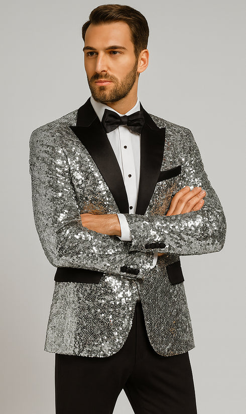 Men’s Silver Sequin Tuxedo Jacket with Black Satin Lapel