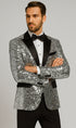 Men’s Silver Sequin Tuxedo Jacket with Black Satin Lapel