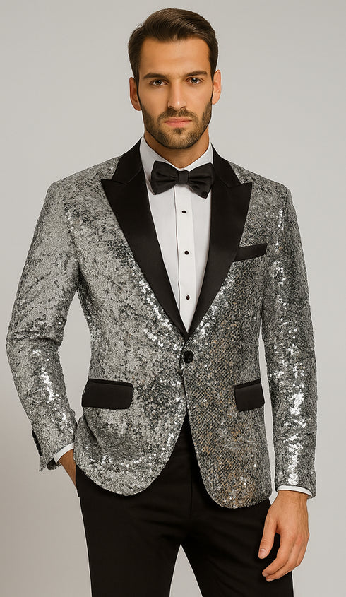 Men’s Silver Sequin Tuxedo Jacket with Black Satin Lapel