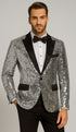 Men’s Silver Sequin Tuxedo Jacket with Black Satin Lapel