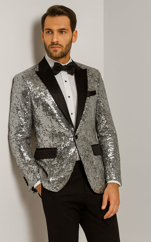 Men’s Silver Sequin Tuxedo Jacket with Black Satin Lapel