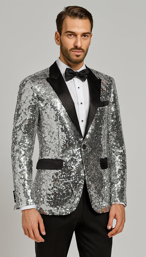 Men’s Silver Sequin Tuxedo Jacket with Black Satin Lapel