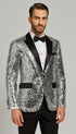Men’s Silver Sequin Tuxedo Jacket with Black Satin Lapel