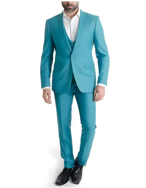 Mens Slim Fit Vested Suits - Slim Fit 3 Pieces Turquoise Suits - RET208-19