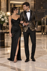 Men's EJ Samuel Shawl Lapel Black & Gold Sequin Formal Tuxedo Jacket