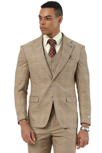 Marc Darcy Wedding Suits Men's Stacy Adams Vested Sharkskin Pattern Business Suit in Tan
