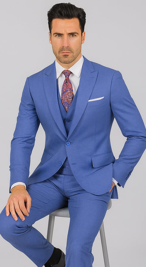 Men's Summer Sharkskin Suit With Double Breasted Vest French Blue