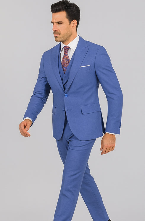 Men's Summer Sharkskin Suit With Double Breasted Vest French Blue