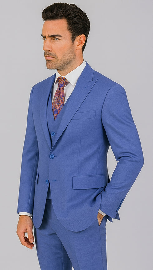 Men's Summer Sharkskin Suit With Double Breasted Vest French Blue
