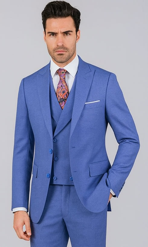 Men's Summer Sharkskin Suit With Double Breasted Vest French Blue