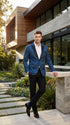 Mens Teal Blue Jacquard Paisley Blazer – Black Peak Lapel Formal Dinner Jacket Slim Fit
