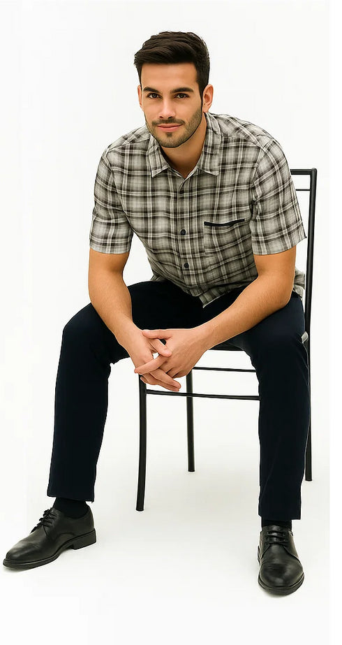 Mens Textured Plaid Walking Suit in black/white by Dreams by Zacchi – 2 Piece Leisure Outfit with Matching Shirt and Pants - $99