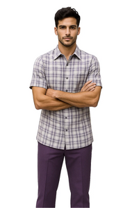 Mens Textured Plaid Walking Suit in Lavender/Off White by Dreams by Zacchi – 2 Piece Leisure Outfit-matching-shirt-and-pants-$99