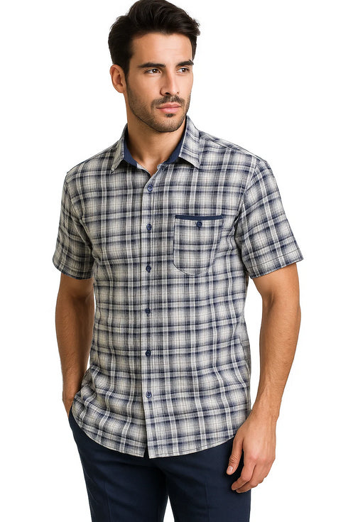 Mens Textured Plaid Walking Suit in Navy/white by Dreams by Zacchi – 2 Piece Leisure Outfit-matching-shirt-and-pants-$99