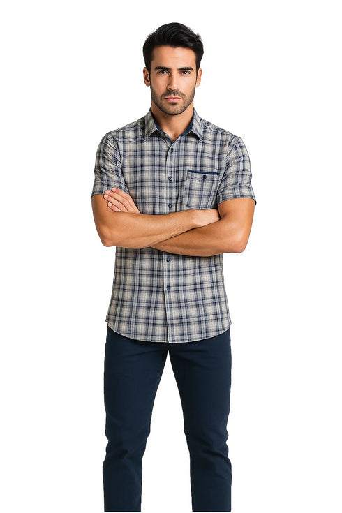 Mens Textured Plaid Walking Suit in Navy/white by Dreams by Zacchi – 2 Piece Leisure Outfit-matching-shirt-and-pants-$99