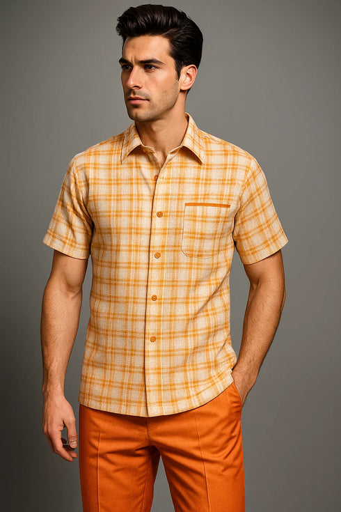 Mens Textured Plaid Walking Suit in Orange/Cream by Dreams by Zacchi – 2 Piece Leisure Outfit-matching-shirt-and-pants-$99