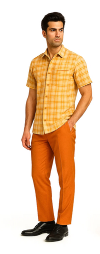 Mens Textured Plaid Walking Suit in Orange/Cream by Dreams by Zacchi – 2 Piece Leisure Outfit-matching-shirt-and-pants-$99
