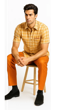 Mens Textured Plaid Walking Suit in Orange/Cream by Dreams by Zacchi – 2 Piece Leisure Outfit-matching-shirt-and-pants-$99