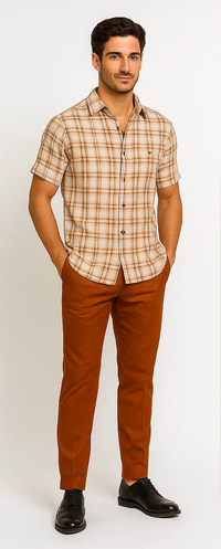 Mens Textured Plaid Walking Suit in Papaya/Cream by Dreams by Zacchi – 2 Piece Leisure Outfit-matching-shirt-and-pants-$99