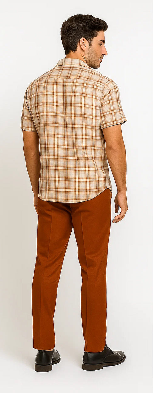 Mens Textured Plaid Walking Suit in Papaya/Cream by Dreams by Zacchi – 2 Piece Leisure Outfit-matching-shirt-and-pants-$99