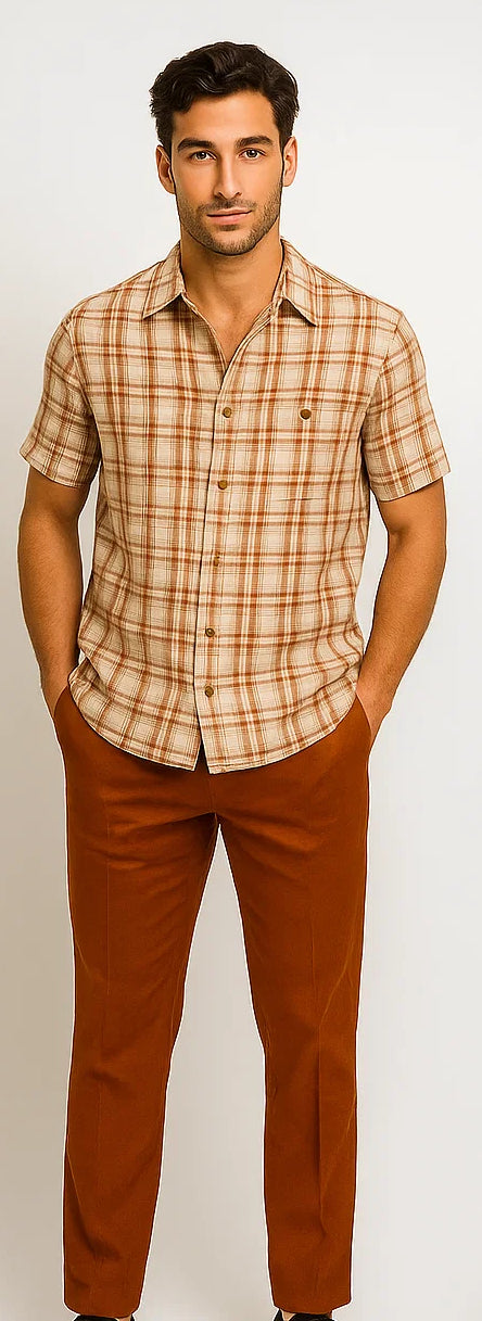 Mens Textured Plaid Walking Suit in Papaya/Cream by Dreams by Zacchi – 2 Piece Leisure Outfit-matching-shirt-and-pants-$99
