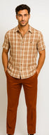 Mens Textured Plaid Walking Suit in Papaya/Cream by Dreams by Zacchi – 2 Piece Leisure Outfit-matching-shirt-and-pants-$99