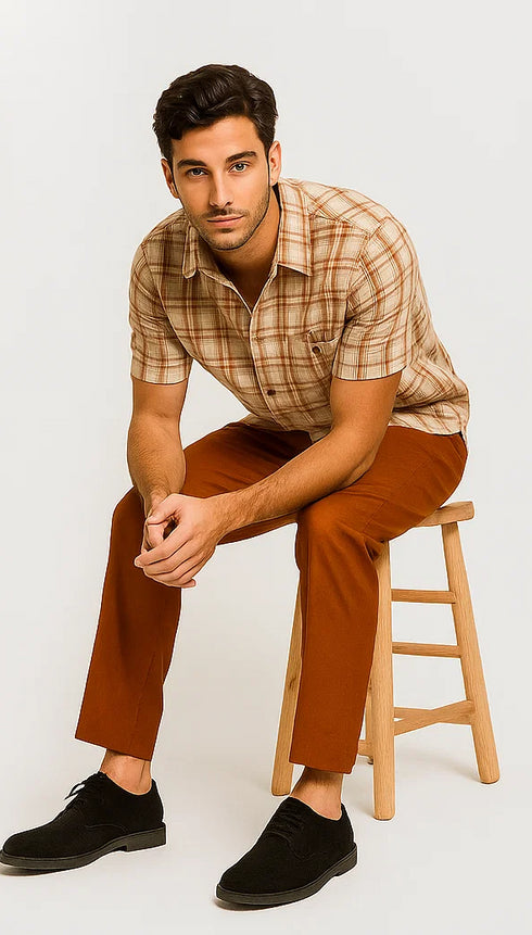 Mens Textured Plaid Walking Suit in Papaya/Cream by Dreams by Zacchi – 2 Piece Leisure Outfit-matching-shirt-and-pants-$99