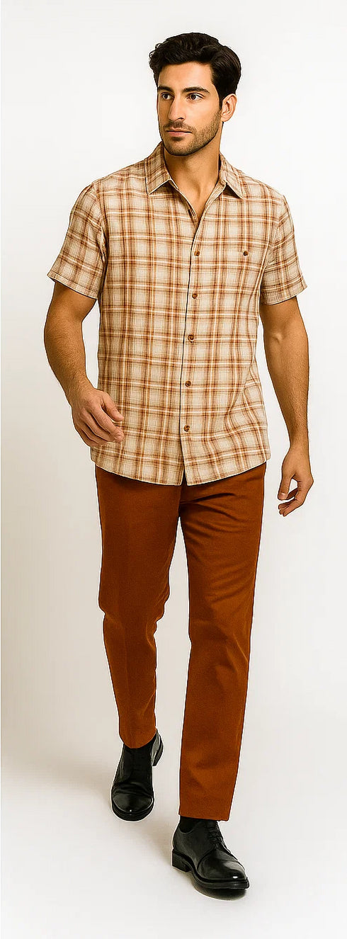 Mens Textured Plaid Walking Suit in Papaya/Cream by Dreams by Zacchi – 2 Piece Leisure Outfit-matching-shirt-and-pants-$99