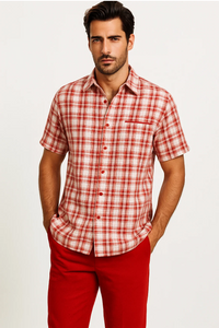 Mens Textured Plaid Walking Suit in Red/Off White by Dreams by Zacchi – 2 Piece Leisure Outfit-matching-shirt-and-pants-$99