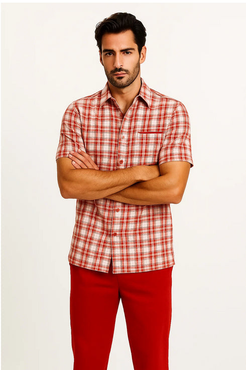 Mens Textured Plaid Walking Suit in Red/Off White by Dreams by Zacchi – 2 Piece Leisure Outfit-matching-shirt-and-pants-$99