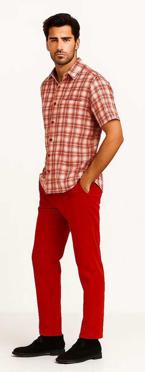 Mens Textured Plaid Walking Suit in Red/Off White by Dreams by Zacchi – 2 Piece Leisure Outfit-matching-shirt-and-pants-$99