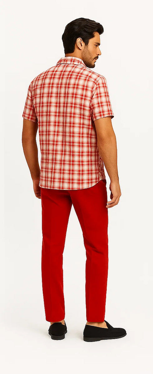 Mens Textured Plaid Walking Suit in Red/Off White by Dreams by Zacchi – 2 Piece Leisure Outfit-matching-shirt-and-pants-$99
