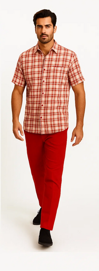 Mens Textured Plaid Walking Suit in Red/Off White by Dreams by Zacchi – 2 Piece Leisure Outfit-matching-shirt-and-pants-$99