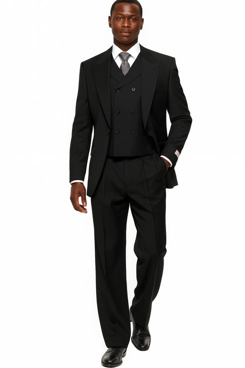 Mens Tiglio Rosso Suit - Wide Leg Baggy Pants - 100% Wool Black Three-Piece Suit with Double-Breasted Vest and Peak Lapel