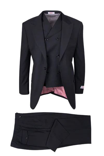 Mens Tiglio Rosso Suit - Wide Leg Baggy Pants - 100% Wool Black Three-Piece Suit with Double-Breasted Vest and Peak Lapel