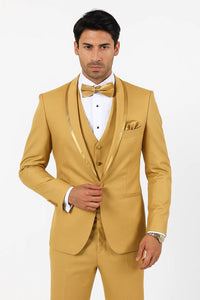 Mens Formal Champagne Tuxedo – Satin Shawl Collar Vested Suit for Prom and Weddings in Gold Color