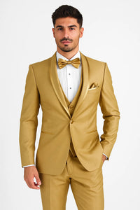 Mens Formal Champagne Tuxedo – Satin Shawl Collar Vested Suit for Prom and Weddings in Gold Color