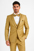 Mens Formal Champagne Tuxedo – Satin Shawl Collar Vested Suit for Prom and Weddings in Gold Color