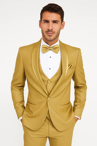 Mens Formal Champagne Tuxedo – Satin Shawl Collar Vested Suit for Prom and Weddings in Gold Color