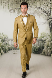 Mens Formal Champagne Tuxedo – Satin Shawl Collar Vested Suit for Prom and Weddings in Gold Color