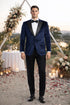 Mens Two Button Peak Lapel Velvet Wedding & Navy Blue Prom Tuxedo Jacket