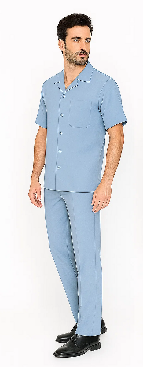Men's 2 Piece Windowpane Blue Collar Casual Two Piece Walking Outfit For Sale Pant Sets Suit